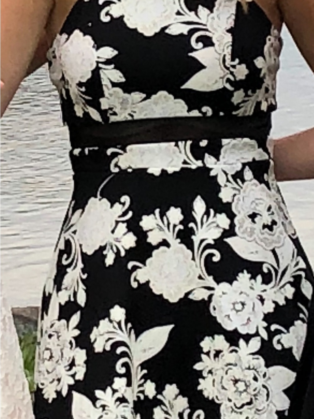 Elegant Black & White Floral Halter Dress